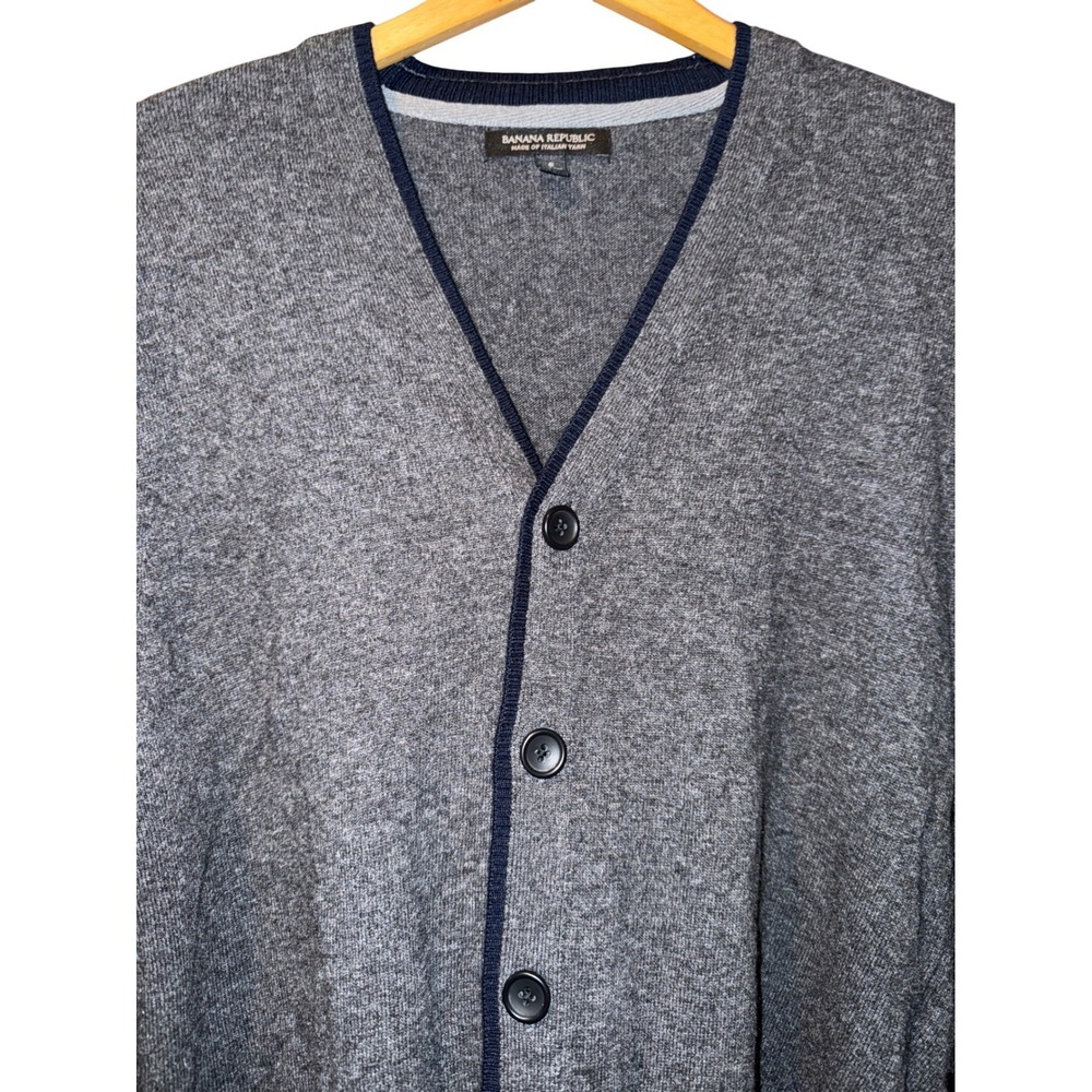 Banana Republic Men's Gray Merino Wool Blend Cardigan Sweater Navy Accent Size S